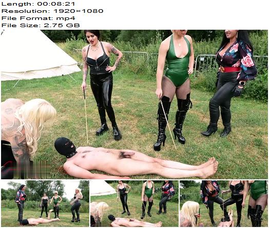 House of Sinn  Squash his cock and balls with Their boots before caning his ass Starring Matriarch Ezada Sinn and Mistress Ava von Medisin and Miss Roper and Domina Helena Locke preview